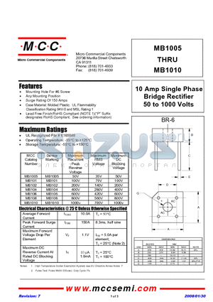 MB1005-BP datasheet - 10 Amp Single Phase Bridge Rectifier 50 to 1000 Volts