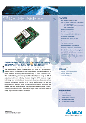 Q48SP12017PNFA datasheet - Delphi Series Q48SP, 216W Quarter Brick Family DC/DC Power Modules: 48V in, 12V/18A out