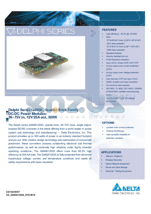 Q48SK12025NKFA datasheet - Delphi Series Q48SK, Quarter Brick Family DC/DC Power Modules: 36~75V in, 12V/25A out, 300W