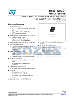 M58LT128GS datasheet - 128Mbit (8Mb x16, Multiple Bank, Multi-Level, Burst) 1.8V Supply Secure Flash Memories