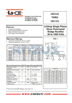 MB10M datasheet - 0.5Amp single phase glass passivated bridge retifier 50to1000 volts