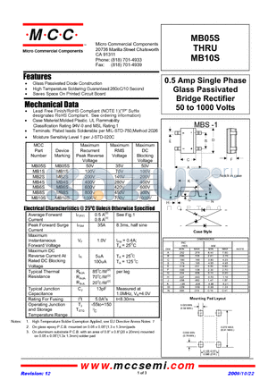 MB10S-TP datasheet - 0.5Amp Single Phase Glass Passivated Bridge Rectifier 50 to 1000 Volts