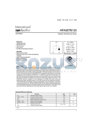 HFA06TB120 datasheet - Ultrafast, Soft Recovery Diode