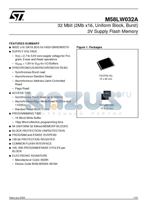 M58LW032A90N1T datasheet - 32 Mbit 2Mb x16, Uniform Block, Burst 3V Supply Flash Memory