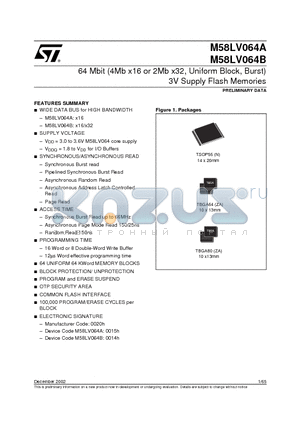 M58LV064B150N1T datasheet - 64 Mbit 4Mb x16 or 2Mb x32, Uniform Block, Burst 3V Supply Flash Memories