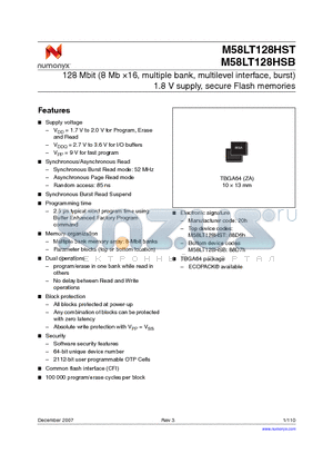 M58LT128HSB8ZA6 datasheet - 128 Mbit (8 Mb 16, multiple bank, multilevel interface, burst) 1.8 V supply, secure Flash memories