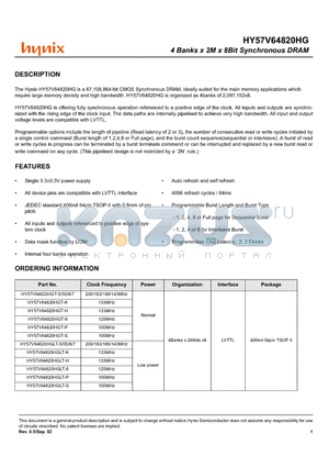 HY57V64820HGLT-8 datasheet - 4 Banks x 2M x 8Bit Synchronous DRAM