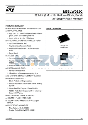 M58LW032C110N1T datasheet - 32 Mbit 2Mb x16, Uniform Block, Burst 3V Supply Flash Memory