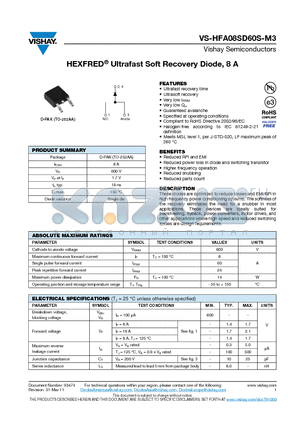 HFA08SD60S-M3 datasheet - HEXFRED Ultrafast Soft Recovery Diode, 8 A