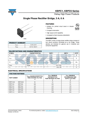 KBPC1 datasheet - Single Phase Rectifier Bridge, 3 A, 6 A