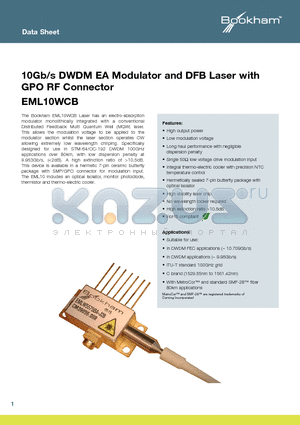 EML10WCB datasheet - 10Gb/s DWDM EA Modulator and DFB Laser with GPO RF Connector