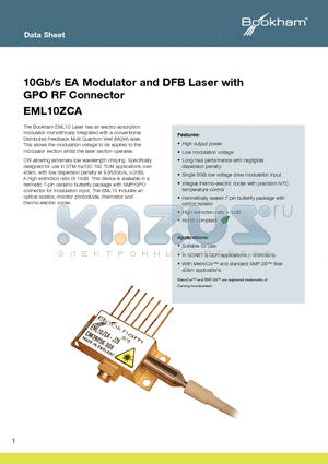 EML10ZCA-J28 datasheet - 10Gb/s EA Modulator and DFB Laser with GPO RF Connector