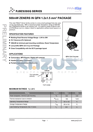 PJBZ5233Q datasheet - 500mW ZENERS IN QFN 1.2x1.5 mmb