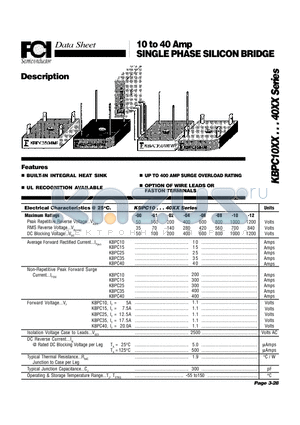 KBPC10 datasheet - 10 to 40 Amp SINGLE PHASE SILICON BRIDGE