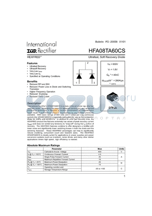 HFA08TA60CS datasheet - Ultrafast, Soft Recovery Diode