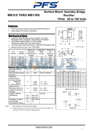 MB12S-MB110S datasheet - Surface Mount Schottky Bridge Rectifier 1Amp 20 to 100 Volts