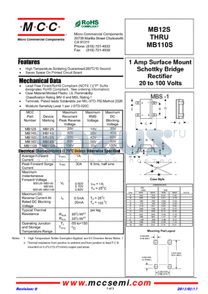 MB12S-MB110S datasheet - 1 Amp Surface Mount Schottky Bridge Rectifier 20 to 100 Volts