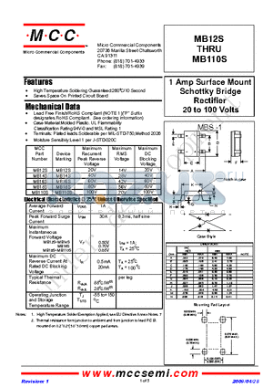 MB12S datasheet - 1 Amp Surface Mount Schottky Bridge Rectifier 20 to 100 Volts