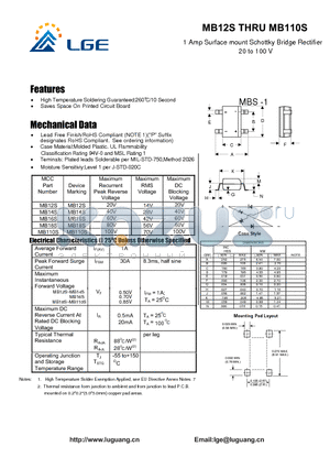 MB12S datasheet - 1 Amp Surface mount Schottky Bridge Rectifier 20 to 100 V