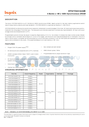 HY57V651620BLTC-75 datasheet - 4 Banks x 1M x 16Bit Synchronous DRAM