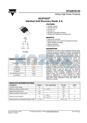 HFA08TB120 datasheet - Ultrafast Soft Recovery Diode, 8 A