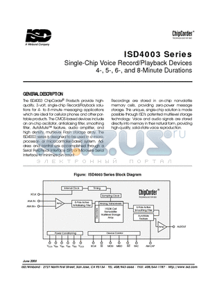ISD4003-05MPI datasheet - Single-Chip Voice Record/Playback Devices 4-, 5-, 6-, and 8-Minute Durations