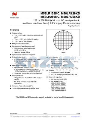 M58LR256KD785 datasheet - 128 or 256 Mbit (x16, mux I/O, multiple bank, multilevel interface, burst) 1.8 V supply Flash memories