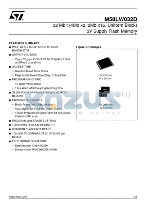 M58LW032D90N6F datasheet - 32 Mbit 4Mb x8, 2Mb x16, Uniform Block 3V Supply Flash Memory