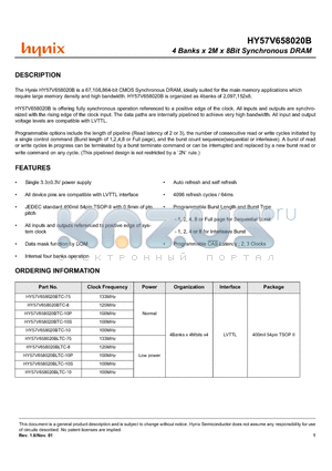 HY57V658020BLTC-10 datasheet - 4 Banks x 2M x 8Bit Synchronous DRAM