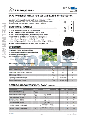 PJCLAMP0504A datasheet - QUAD TVS/ZENER ARRAY FOR ESD AND LATCH-UP PROTECTION