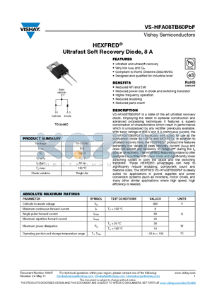 HFA08TB60PBF datasheet - HEXFRED Ultrafast Soft Recovery Diode, 8 A