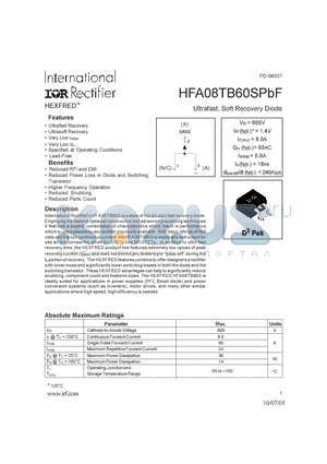 HFA08TB60SPBF datasheet - Ultrafast, Soft Recovery Diode