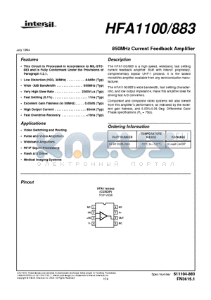 HFA1100/883 datasheet - 850MHz Current Feedback Amplifier