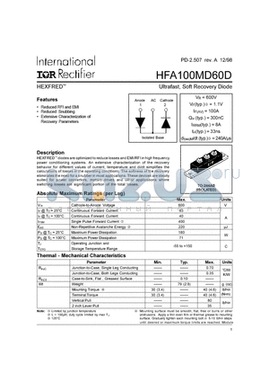 HFA100MD60D datasheet - Ultrafast, Soft Recovery Diode