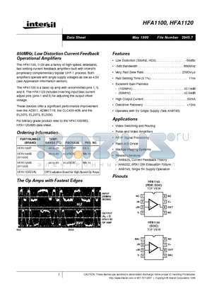 HFA1100IB datasheet - 850MHz, Low Distortion Current Feedback Operational Amplifiers