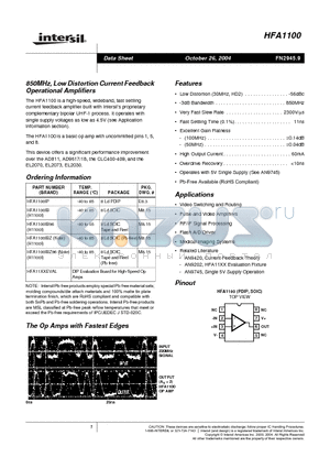 HFA1100IB96 datasheet - 850MHz, Low Distortion Current Feedback Operational Amplifiers