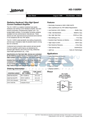 HFA1100IJ datasheet - Radiation Hardened, Ultra High Speed Current Feedback Amplifier