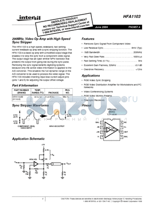 HFA1103IB datasheet - 200MHz, Video Op Amp with High Speed Sync Stripper