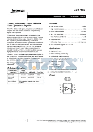 HFA1105 datasheet - 330MHz, Low Power, Current Feedback Video Operational Amplifier