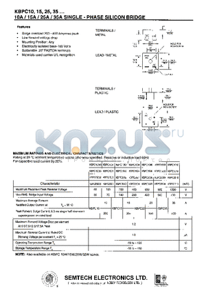 KBPC1001 datasheet - 10A/15A/25A/35A SINGLE - PHASE SILICON BRIDGE