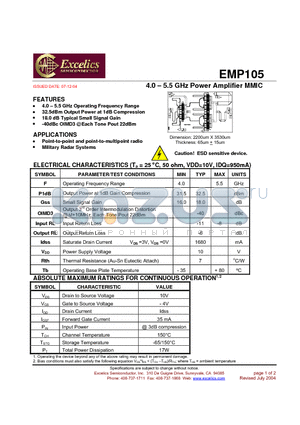 EMP105 datasheet - 4.0 - 5.5 GHz Power Amplifier MMIC