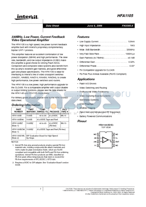 HFA1105IBZ datasheet - 330MHz, Low Power, Current Feedback Video Operational Amplifier