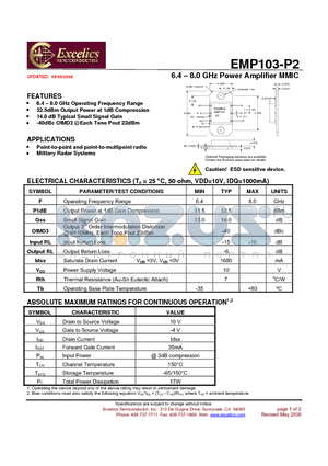 EMP103-P2 datasheet - 6.4 - 8.0 GHz Power Amplifier MMIC