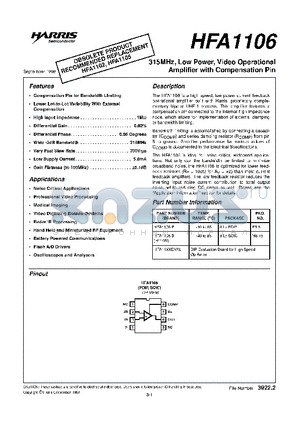 HFA1106 datasheet - 315MHz, Low Power Video Operational Amplifier with Compensation Pin
