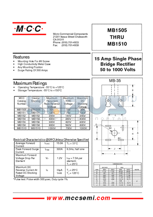 MB1505 datasheet - 15 Amp Single Phase Bridge Rectifier 50 to 1000 Volts