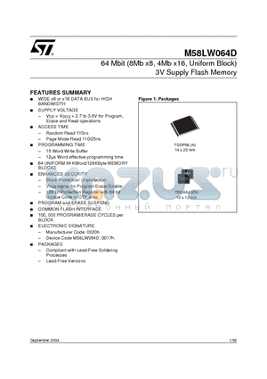 M58LW064D110N1 datasheet - 64 Mbit (8Mb x8, 4Mb x16, Uniform Block) 3V Supply Flash Memory