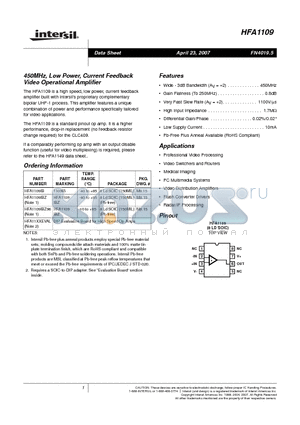 HFA1109IB datasheet - 450MHz, Low Power, Current Feedback Video Operational Amplifier