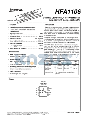 HFA1106IP datasheet - 315MHz, Low Power, Video Operational Amplifier with Compensation Pin