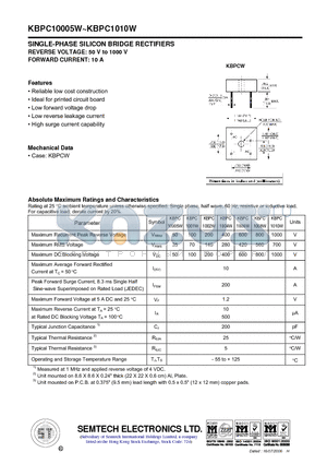 KBPC1001W datasheet - SINGLE-PHASE SILICON BRIDGE RECTIFIERS