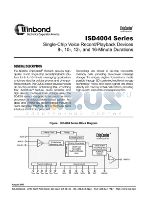 ISD4004-10MP datasheet - Single-Chip Voice Record/Playback Devices 8-, 10-, 12-, and 16-Minute Durations